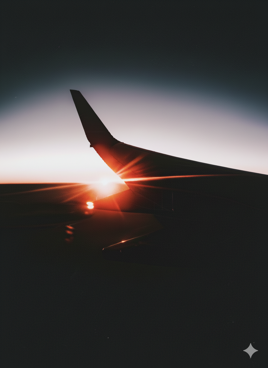 Airplane wing at sunset